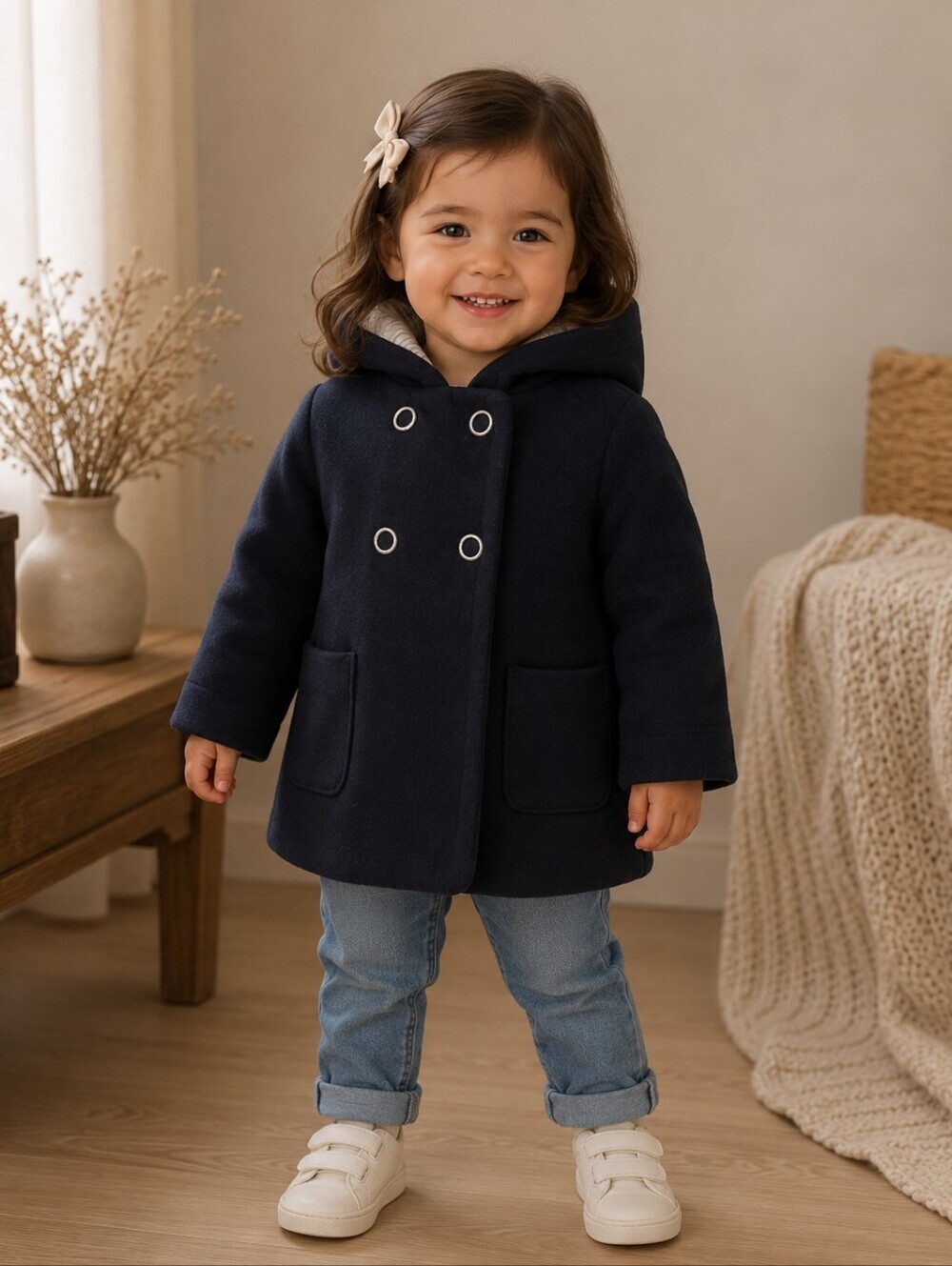 Zara Girls Black Hooded Wool Blend Peacoat Size 2T Double Breasted Dress Coat